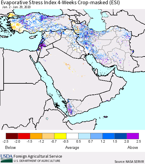 Middle East and Turkey Evaporative Stress Index (ESI), 4-Weeks over Croplands Thematic Map For 1/27/2020 - 2/2/2020