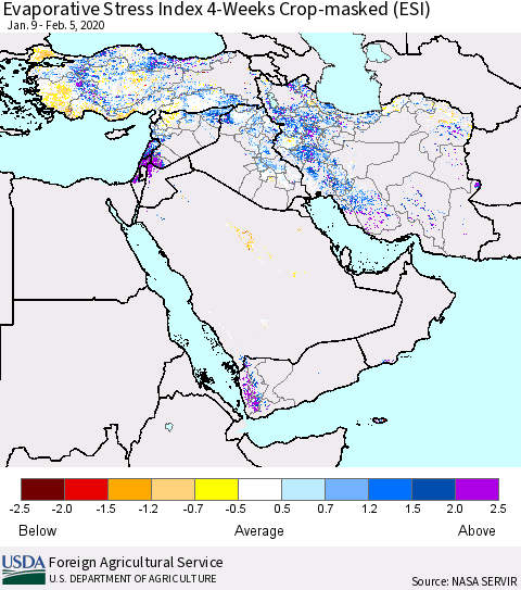 Middle East and Turkey Evaporative Stress Index (ESI), 4-Weeks over Croplands Thematic Map For 2/3/2020 - 2/9/2020
