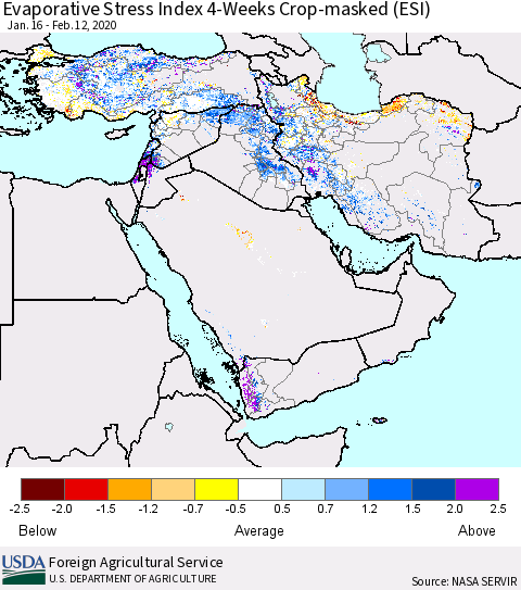 Middle East and Turkey Evaporative Stress Index (ESI), 4-Weeks over Croplands Thematic Map For 2/10/2020 - 2/16/2020