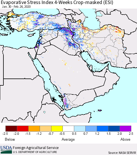 Middle East and Turkey Evaporative Stress Index (ESI), 4-Weeks over Croplands Thematic Map For 2/24/2020 - 3/1/2020