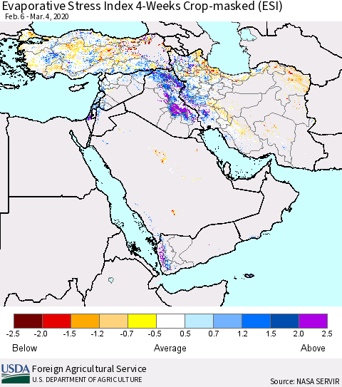 Middle East and Turkey Evaporative Stress Index (ESI), 4-Weeks over Croplands Thematic Map For 3/2/2020 - 3/8/2020