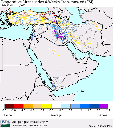Middle East and Turkey Evaporative Stress Index (ESI), 4-Weeks over Croplands Thematic Map For 3/9/2020 - 3/15/2020