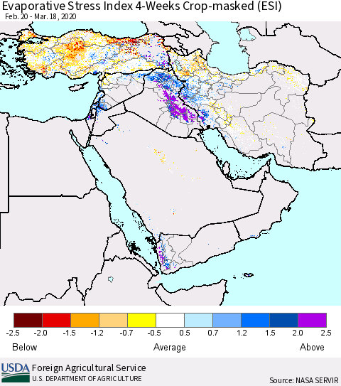 Middle East and Turkey Evaporative Stress Index (ESI), 4-Weeks over Croplands Thematic Map For 3/16/2020 - 3/22/2020