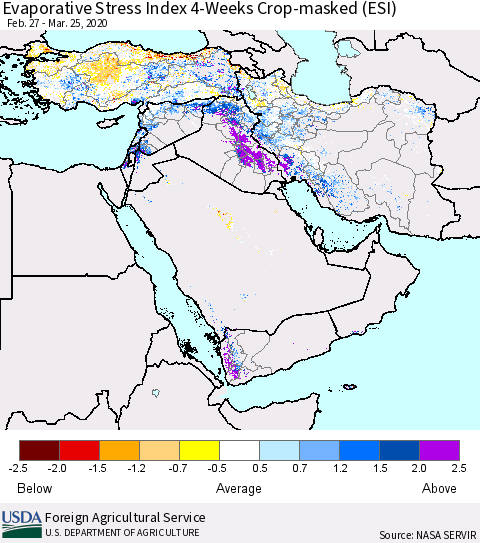 Middle East and Turkey Evaporative Stress Index (ESI), 4-Weeks over Croplands Thematic Map For 3/23/2020 - 3/29/2020