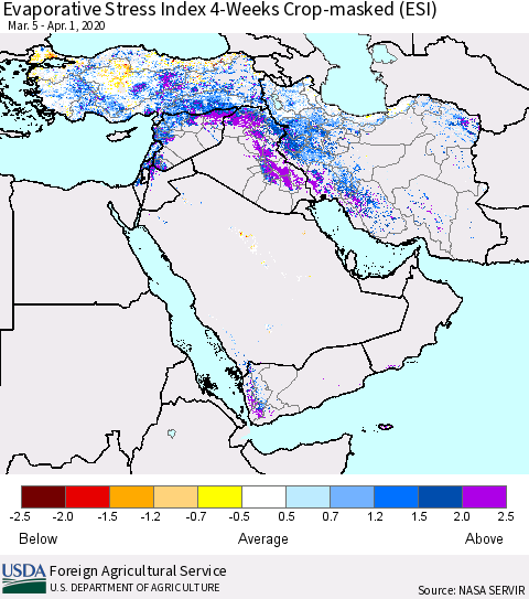 Middle East and Turkey Evaporative Stress Index (ESI), 4-Weeks over Croplands Thematic Map For 3/30/2020 - 4/5/2020