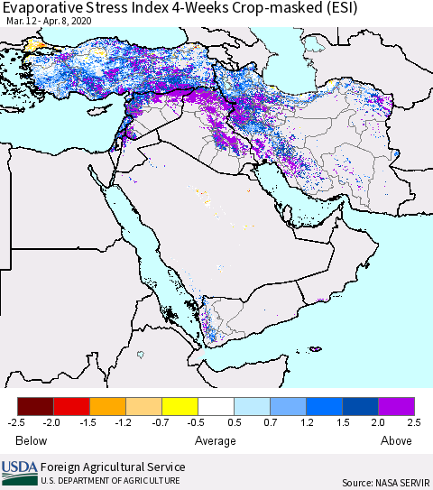 Middle East and Turkey Evaporative Stress Index (ESI), 4-Weeks over Croplands Thematic Map For 4/6/2020 - 4/12/2020
