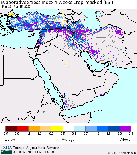 Middle East and Turkey Evaporative Stress Index (ESI), 4-Weeks over Croplands Thematic Map For 4/13/2020 - 4/19/2020