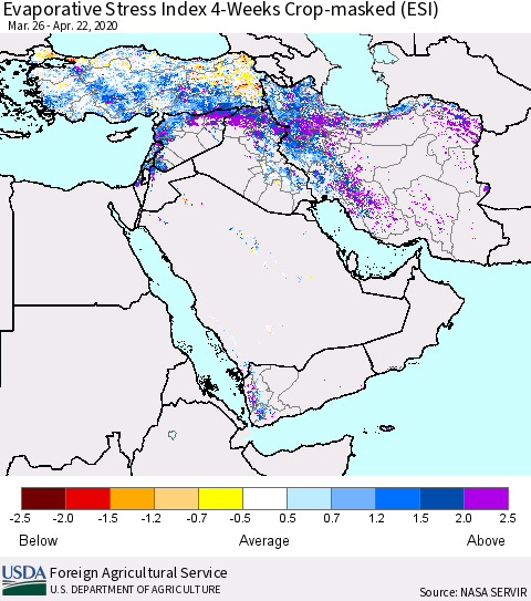 Middle East and Turkey Evaporative Stress Index (ESI), 4-Weeks over Croplands Thematic Map For 4/20/2020 - 4/26/2020