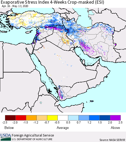 Middle East and Turkey Evaporative Stress Index (ESI), 4-Weeks over Croplands Thematic Map For 5/11/2020 - 5/17/2020