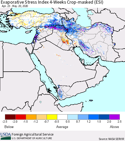Middle East and Turkey Evaporative Stress Index (ESI), 4-Weeks over Croplands Thematic Map For 5/18/2020 - 5/24/2020
