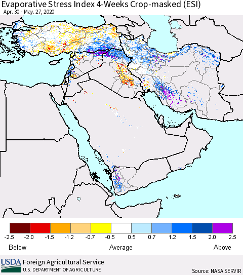 Middle East and Turkey Evaporative Stress Index (ESI), 4-Weeks over Croplands Thematic Map For 5/25/2020 - 5/31/2020