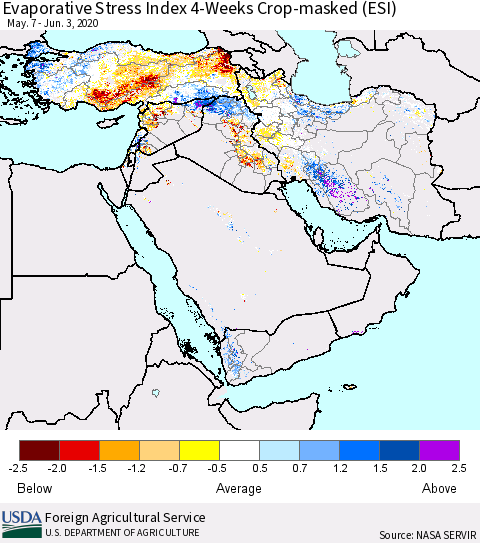 Middle East and Turkey Evaporative Stress Index (ESI), 4-Weeks over Croplands Thematic Map For 6/1/2020 - 6/7/2020