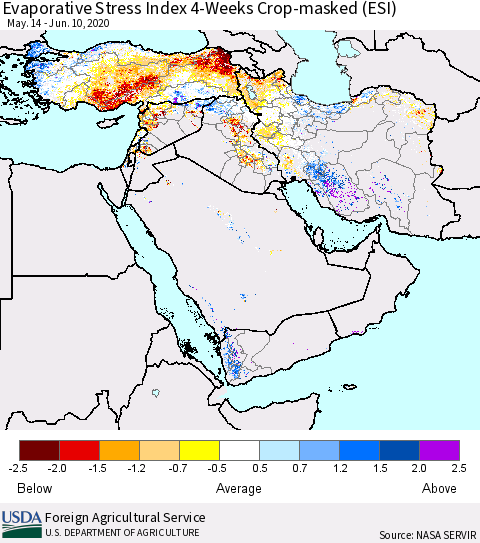Middle East and Turkey Evaporative Stress Index (ESI), 4-Weeks over Croplands Thematic Map For 6/8/2020 - 6/14/2020
