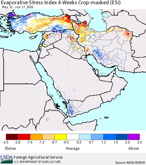 Middle East and Turkey Evaporative Stress Index (ESI), 4-Weeks over Croplands Thematic Map For 6/15/2020 - 6/21/2020