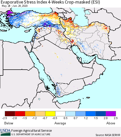 Middle East and Turkey Evaporative Stress Index (ESI), 4-Weeks over Croplands Thematic Map For 6/22/2020 - 6/28/2020