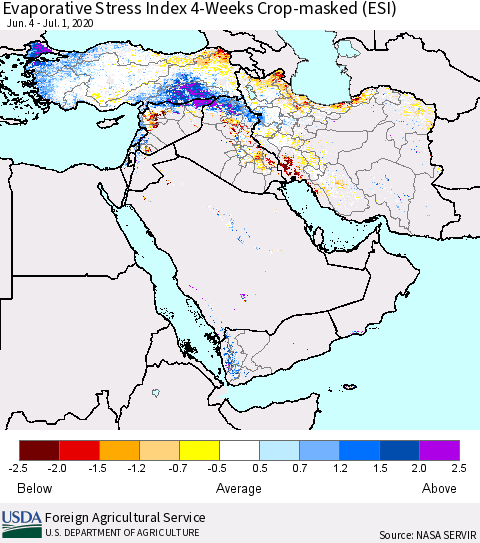 Middle East and Turkey Evaporative Stress Index (ESI), 4-Weeks over Croplands Thematic Map For 6/29/2020 - 7/5/2020