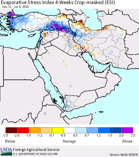Middle East and Turkey Evaporative Stress Index (ESI), 4-Weeks over Croplands Thematic Map For 7/6/2020 - 7/12/2020