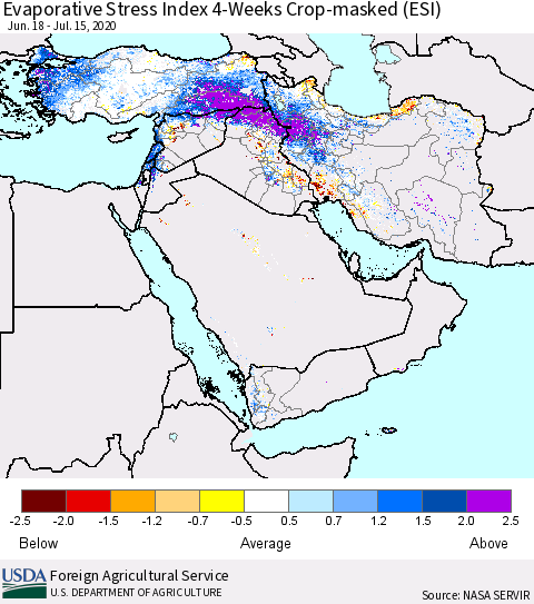 Middle East and Turkey Evaporative Stress Index (ESI), 4-Weeks over Croplands Thematic Map For 7/13/2020 - 7/19/2020
