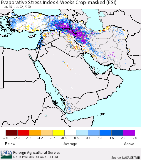 Middle East and Turkey Evaporative Stress Index (ESI), 4-Weeks over Croplands Thematic Map For 7/20/2020 - 7/26/2020
