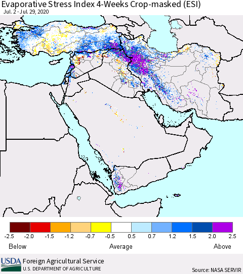 Middle East and Turkey Evaporative Stress Index (ESI), 4-Weeks over Croplands Thematic Map For 7/27/2020 - 8/2/2020