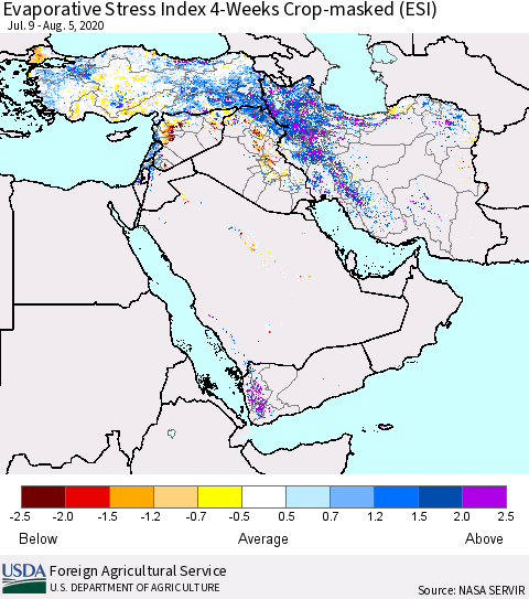 Middle East and Turkey Evaporative Stress Index (ESI), 4-Weeks over Croplands Thematic Map For 8/3/2020 - 8/9/2020