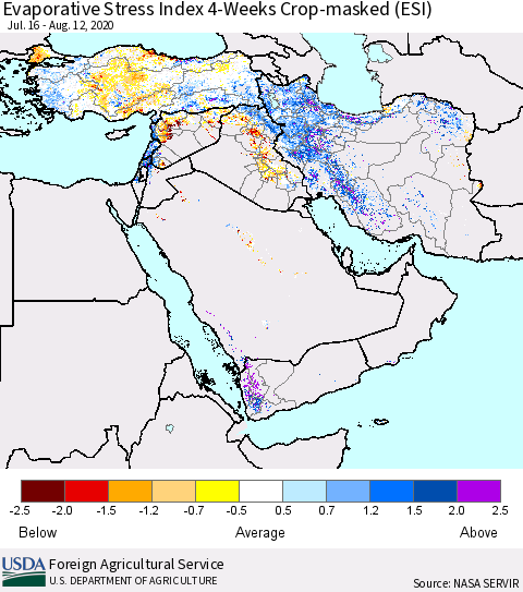 Middle East and Turkey Evaporative Stress Index (ESI), 4-Weeks over Croplands Thematic Map For 8/10/2020 - 8/16/2020