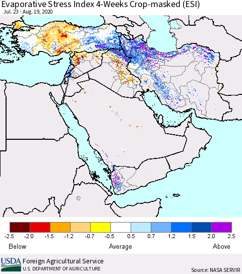 Middle East and Turkey Evaporative Stress Index (ESI), 4-Weeks over Croplands Thematic Map For 8/17/2020 - 8/23/2020