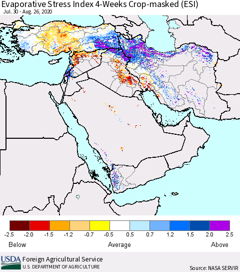 Middle East and Turkey Evaporative Stress Index (ESI), 4-Weeks over Croplands Thematic Map For 8/24/2020 - 8/30/2020