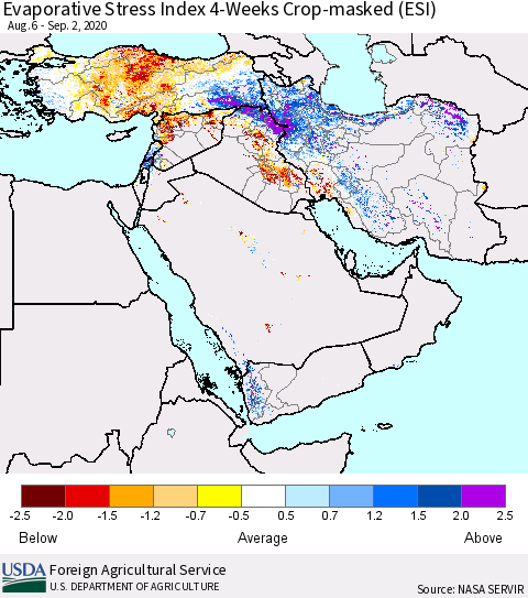 Middle East and Turkey Evaporative Stress Index (ESI), 4-Weeks over Croplands Thematic Map For 8/31/2020 - 9/6/2020