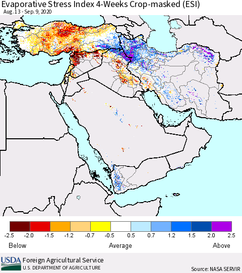 Middle East and Turkey Evaporative Stress Index (ESI), 4-Weeks over Croplands Thematic Map For 9/7/2020 - 9/13/2020