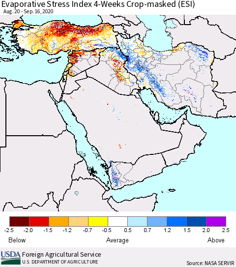 Middle East and Turkey Evaporative Stress Index (ESI), 4-Weeks over Croplands Thematic Map For 9/14/2020 - 9/20/2020