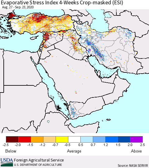 Middle East and Turkey Evaporative Stress Index (ESI), 4-Weeks over Croplands Thematic Map For 9/21/2020 - 9/27/2020