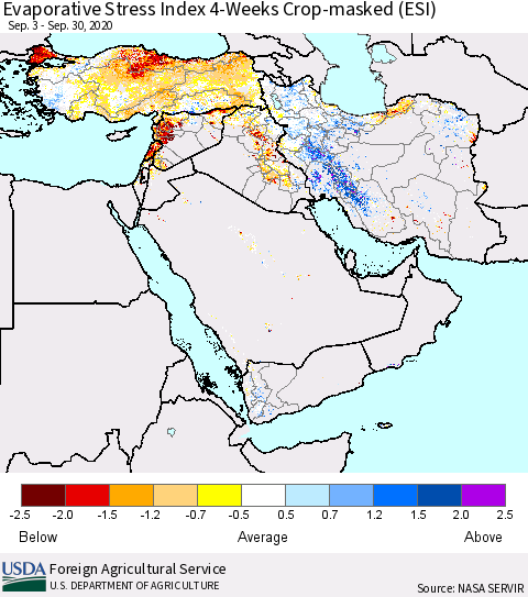 Middle East and Turkey Evaporative Stress Index (ESI), 4-Weeks over Croplands Thematic Map For 9/28/2020 - 10/4/2020