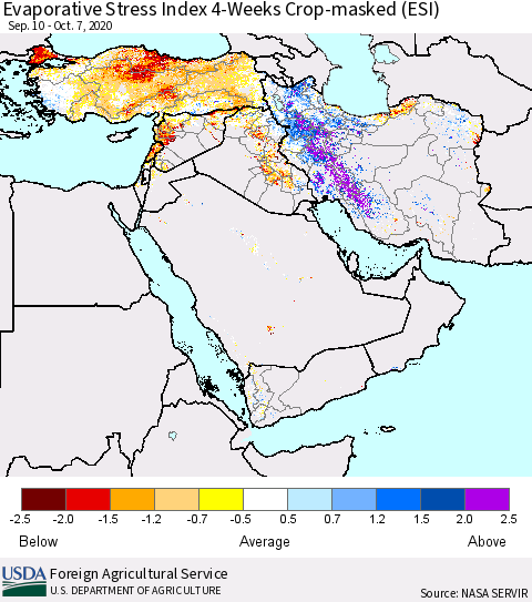 Middle East and Turkey Evaporative Stress Index (ESI), 4-Weeks over Croplands Thematic Map For 10/5/2020 - 10/11/2020