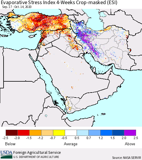 Middle East and Turkey Evaporative Stress Index (ESI), 4-Weeks over Croplands Thematic Map For 10/12/2020 - 10/18/2020