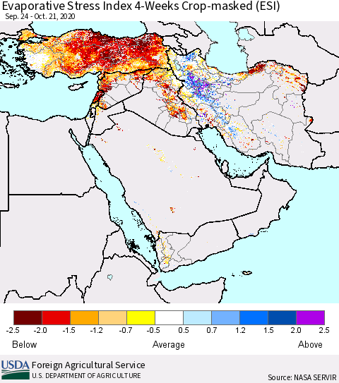 Middle East and Turkey Evaporative Stress Index (ESI), 4-Weeks over Croplands Thematic Map For 10/19/2020 - 10/25/2020