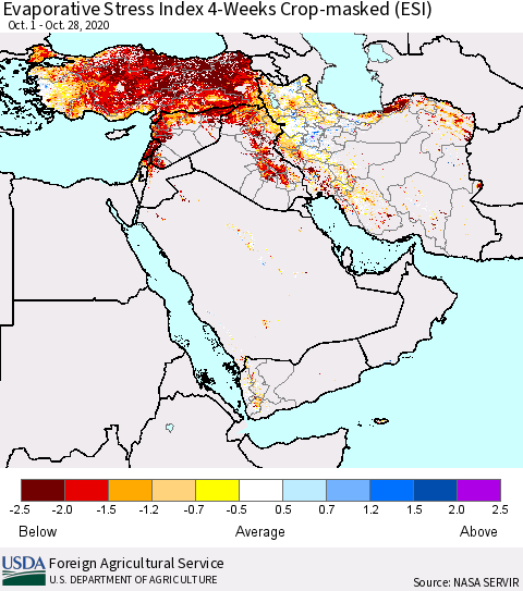 Middle East and Turkey Evaporative Stress Index (ESI), 4-Weeks over Croplands Thematic Map For 10/26/2020 - 11/1/2020