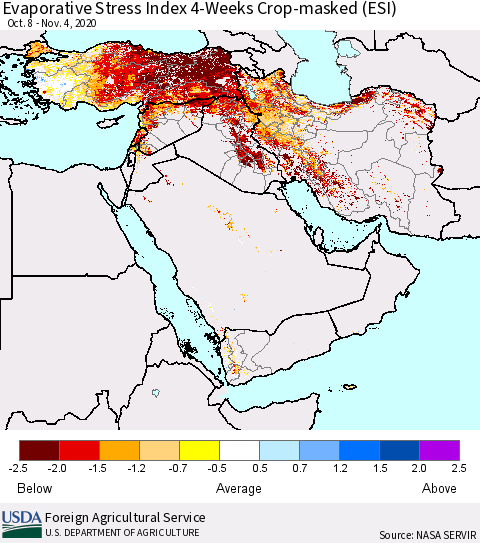 Middle East and Turkey Evaporative Stress Index (ESI), 4-Weeks over Croplands Thematic Map For 11/2/2020 - 11/8/2020