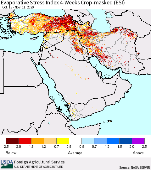Middle East and Turkey Evaporative Stress Index (ESI), 4-Weeks over Croplands Thematic Map For 11/9/2020 - 11/15/2020
