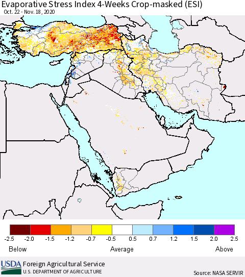 Middle East and Turkey Evaporative Stress Index (ESI), 4-Weeks over Croplands Thematic Map For 11/16/2020 - 11/22/2020