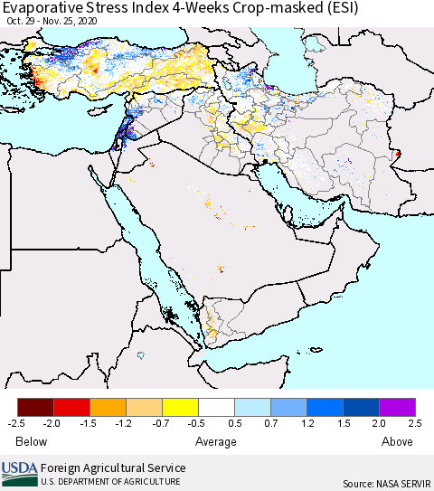 Middle East and Turkey Evaporative Stress Index (ESI), 4-Weeks over Croplands Thematic Map For 11/23/2020 - 11/29/2020
