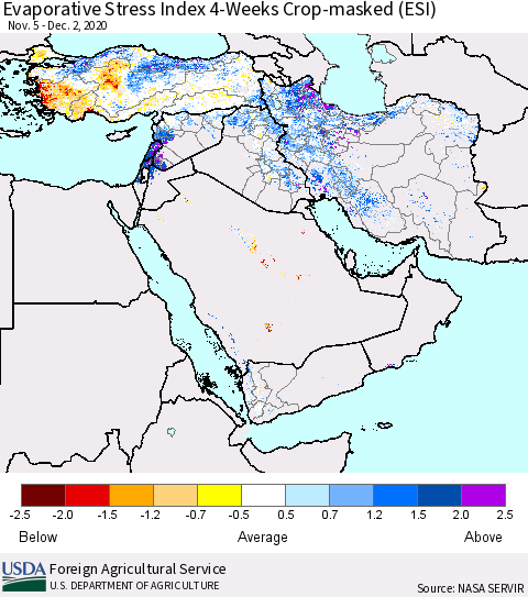 Middle East and Turkey Evaporative Stress Index (ESI), 4-Weeks over Croplands Thematic Map For 11/30/2020 - 12/6/2020