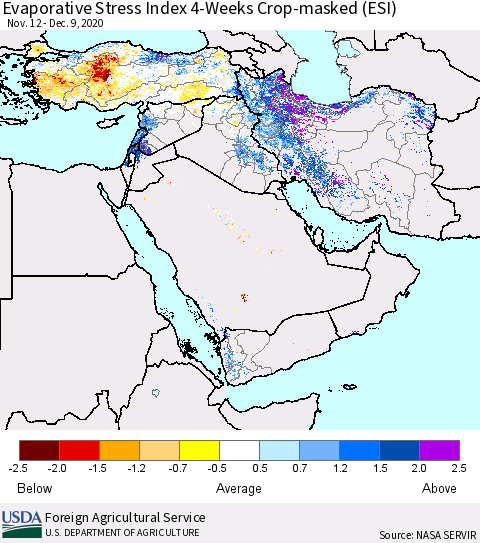 Middle East and Turkey Evaporative Stress Index (ESI), 4-Weeks over Croplands Thematic Map For 12/7/2020 - 12/13/2020