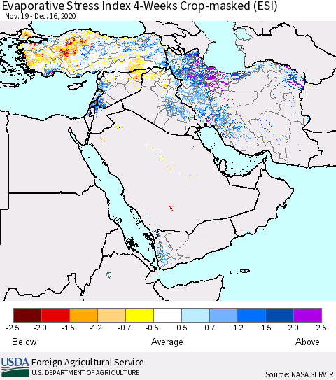 Middle East and Turkey Evaporative Stress Index (ESI), 4-Weeks over Croplands Thematic Map For 12/14/2020 - 12/20/2020