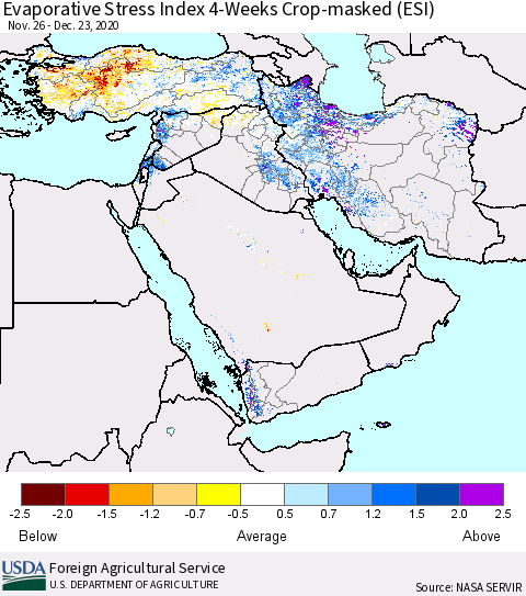 Middle East and Turkey Evaporative Stress Index (ESI), 4-Weeks over Croplands Thematic Map For 12/21/2020 - 12/27/2020