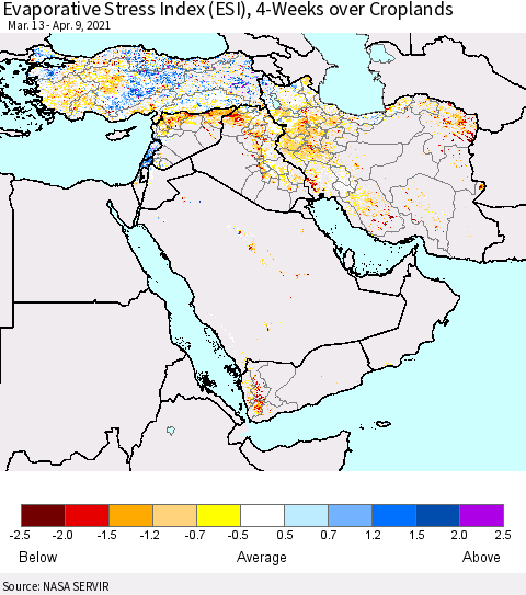 Middle East and Turkey Evaporative Stress Index (ESI), 4-Weeks over Croplands Thematic Map For 4/5/2021 - 4/11/2021