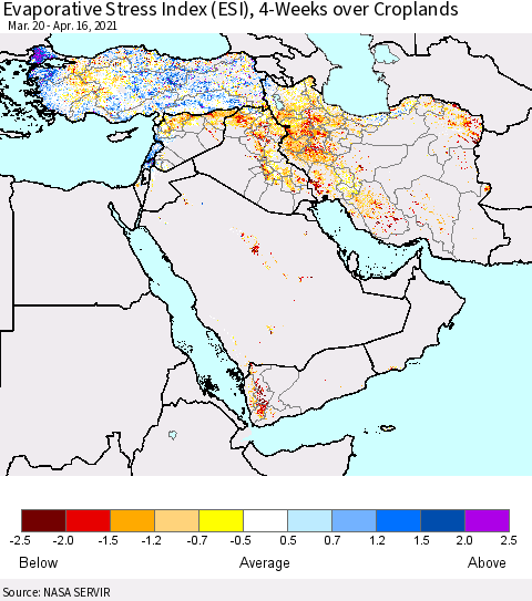 Middle East and Turkey Evaporative Stress Index (ESI), 4-Weeks over Croplands Thematic Map For 4/12/2021 - 4/18/2021
