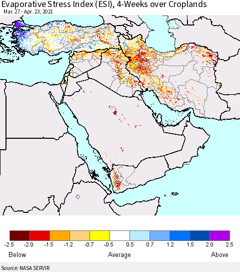 Middle East and Turkey Evaporative Stress Index (ESI), 4-Weeks over Croplands Thematic Map For 4/19/2021 - 4/25/2021