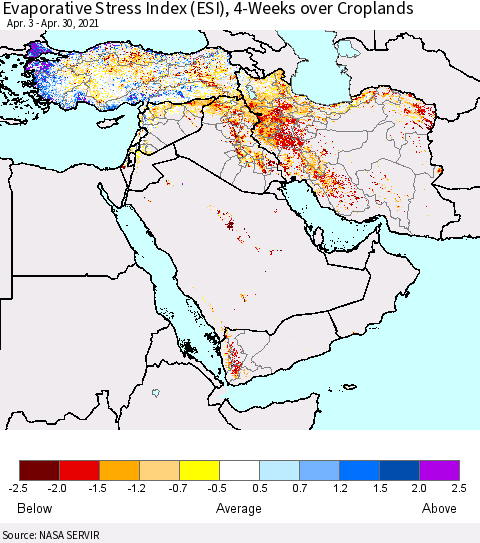 Middle East and Turkey Evaporative Stress Index (ESI), 4-Weeks over Croplands Thematic Map For 4/26/2021 - 5/2/2021