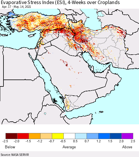 Middle East and Turkey Evaporative Stress Index (ESI), 4-Weeks over Croplands Thematic Map For 5/10/2021 - 5/16/2021